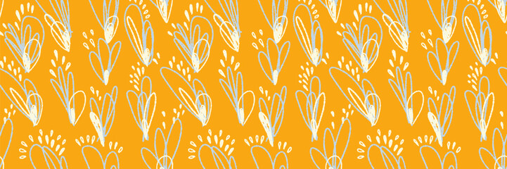 Seamless vector pattern with scribble style hearts and dotted accents in pale blue and cream on a warm golden yellow background. Ideal for textiles, stationery, packaging, and surface design.