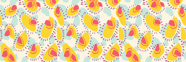 Seamless abstract vector pattern with playful yellow, pink, and light blue organic shapes. Hand drawn elements create a fun, artistic vibe perfect for fabric, packaging, and creative decor