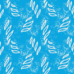 Seamless vector pattern with abstract textured shapes and wavy white lines on blue background. Modern artistic design for fabric, wallpaper, wrapping paper, and decor