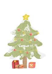 Cute watercolor pink green pastel colors christmas tree with gift presents kids hand drawn illustration greeting holiday card sticker clipart