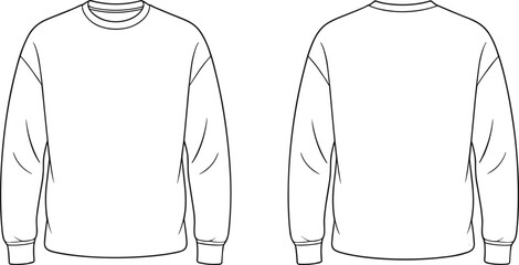CAD drawing flat vector illustration of plain crewneck sweatshirt front and back view, fashion technical sketch, apparel design template