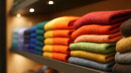 Vibrant Gradient of Soft Knitwear Stacks on Retail Shelf, Warmly Illuminated.