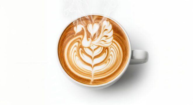 Overhead shot of a steaming coffee cup with swan latte art on a clean white background. Concept for coffee shop menu, social media marketing and barista skill showcase - Powered by Adobe