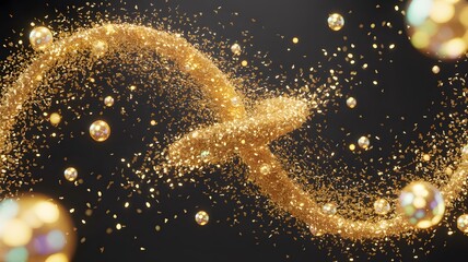 Golden Glitter Swirls and Spheres Abstract Background Animation Showing Dynamic Movement of Sparkling Particles in Dark Environment