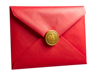 Single red envelope with gold seal elegant invitation mailer festive celebration communication isolated on transparent background
