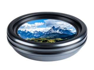 Captivating mountain landscape reflected in a modern camera lens cap with sun rays isolated on transparent background