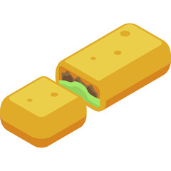 Golden Yellow Tortilla Wrap Filled With Seasoned Ground Meat And Green Salad Sliced In Half Isolated On White Background Isometric View