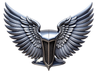 Chrome car emblem with wings isolated on transparent background in studio shot