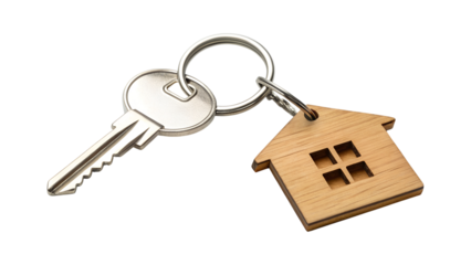 A silver metal key and a small wooden house shape keychain are linked on a ring, isolated on a crisp transparent background, png file.