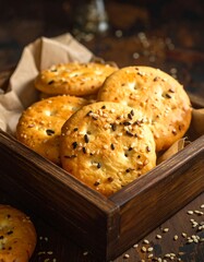 Sesame Seed Focaccia Bread in Wooden Tray - Freshly Baked Italian Flatbread.