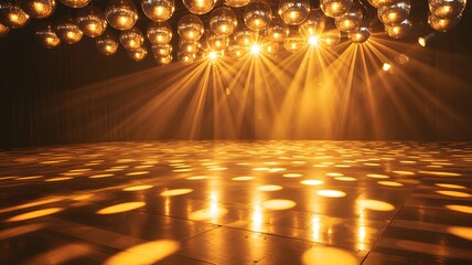 Glittering disco balls cast golden beams of light onto a polished dance floor creating a vibrant and energetic atmosphere perfect for celebration and music