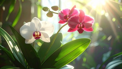 Close-up of vibrant white and pink orchid flowers with lush green leaves, illuminated by sunlight.