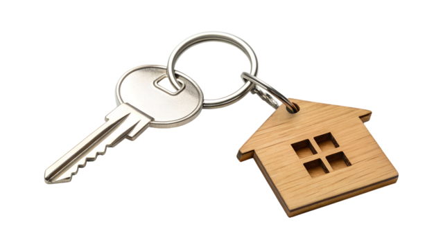 A silver metal key and a small wooden house shape keychain are linked on a ring, isolated on a crisp transparent background, png file. - Powered by Adobe