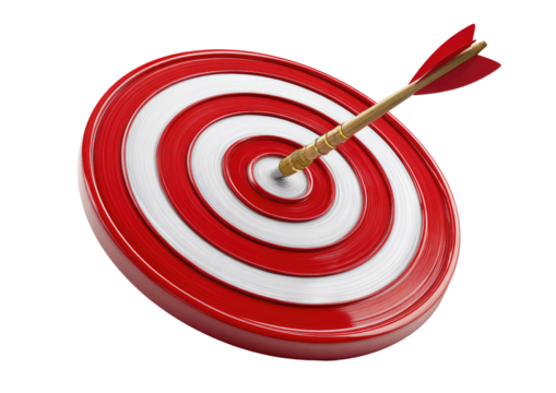A red, white, and gold target with an arrow perfectly centered on a black background