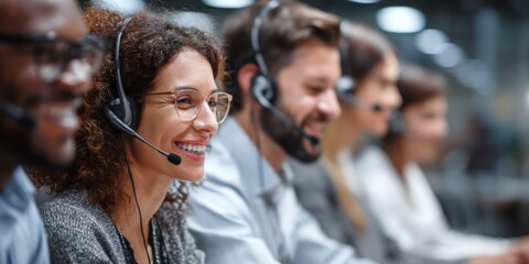 Happy Diverse Customer Support Agents Assisting Clients in Modern Call Center Environment