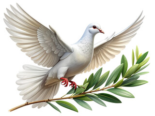 Obraz premium Symbol of peace single white dove with olive branch flying gracefully bird symbolism hope isolated on transparent background