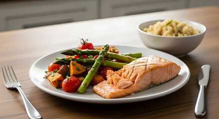 A delicious and healthy plated meal of grilled salmon fillet with roasted asparagus sweet potatoes and cherry tomatoes