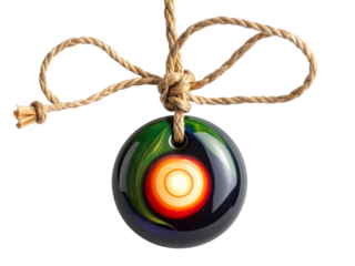 Single firefly bird's eye chili bead with rustic cord displayed as a pendant isolated on transparent background