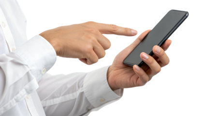 An isolated hand wearing a white shirt holds a modern blank screen smartphone. Another finger taps the device for clear digital interaction. Transparent png.