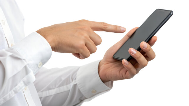 An isolated hand wearing a white shirt holds a modern blank screen smartphone. Another finger taps the device for clear digital interaction. Transparent png. - Powered by Adobe
