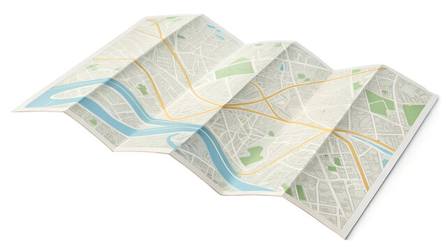 Folded paper city map with streets and rivers isolated on transparent background