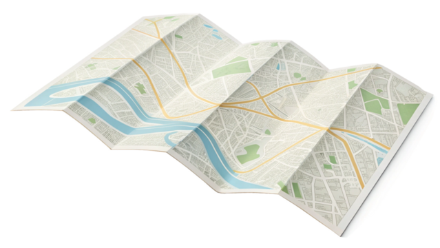 Folded paper city map with streets and rivers isolated on transparent background
