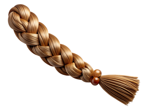 Blonde braid with beads isolated on transparent background for hair extensions