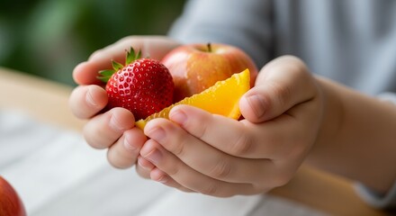 Child hands holding fresh fruits strawberry, apple and orange segment indoors, concept for healthy eating habits, promoting nutrition and dietary choices and healthy lifestyle
