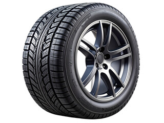 Close-up of an isolated car tire tread pattern detail with alloy wheel and rubber texture isolated on transparent background