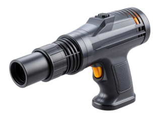 Isolated handheld vacuum crevice tool with yellow trigger for cleaning dust and debris isolated on transparent background