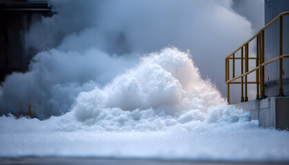 Medium shot of foambased fire suppression system activating over a storage tank with foam spreading rapidly while background remains blurred.