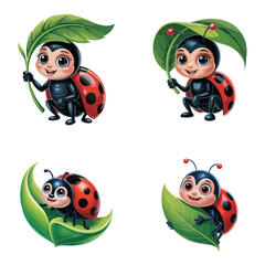 Cute Cartoon Ladybug Characters Holding Green Leaves – Adorable Red and Black Ladybug Vector Illustration for Kids and Nature Design