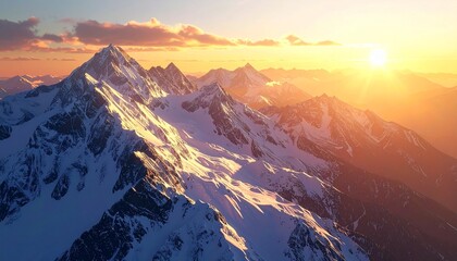 Golden sunrise over snow-capped mountain peaks, illuminating the rugged alpine landscape with warm light.