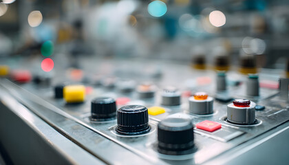 Close medium shot of an engineered electronic panel for industrial machinery controls emphasizing tactile buttons and blurred technical components in the backdrop