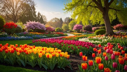 Obraz premium Vibrant flower garden with tulips, trees, and a winding path in spring.