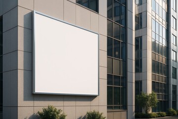 Obraz premium Blank billboard on modern building facade with clean design and urban architecture surrounded by windows and trees at sunset. Ai generative. Ai generative