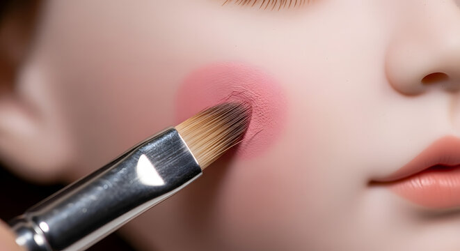 Macro shot of an artist applying pink blush with a brush to the cheek of a realistic porcelain doll