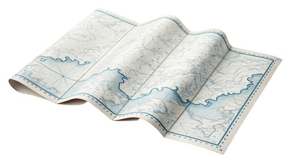 An old, folded nautical map with blue ink lines depicting coastlines and sea routes, isolated on a transparent background