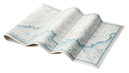 An old, folded nautical map with blue ink lines depicting coastlines and sea routes, isolated on a transparent background