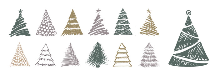 Christmas tree hand-drawn illustrations on white.	
