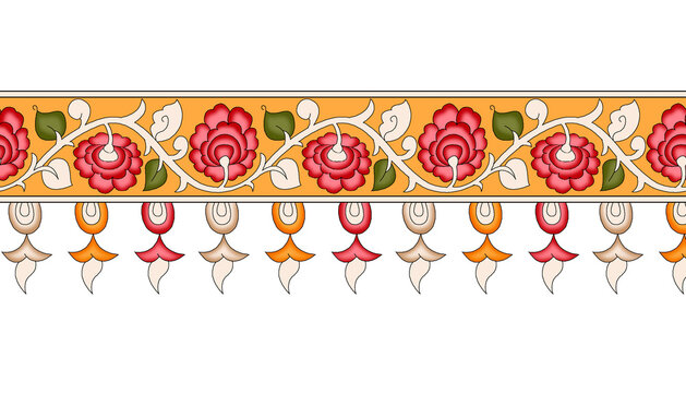 Traditional Kalamkari Floral Border Artwork for Fabric and Saree Design...