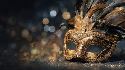 Luxury venetian mask with intricate gold details on dark golden bokeh background for christmas and new year party celebration banner