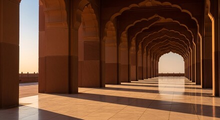 Fototapeta premium Arched Hallway Architecture Serene Islamic Design, Grand Corridor Arches, Desert Light, Symmetric Column Perspective, Tranquil Architectural Space