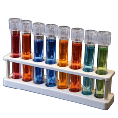 A rack holds test tubes, each filled with a different colored liquid, capped