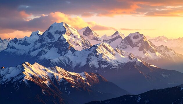 Majestic snow-capped mountain range illuminated by the warm glow of the setting sun, creating a breathtaking landscape.