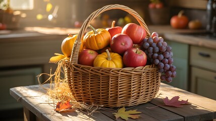 A Harvest Basket Overflowing with Autumnal Fruits and Vegetables Creating a Warm and Inviting Kitchen Atmosphere