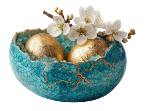 Decorative blue cracked bowl with golden eggs, cherry blossoms, and crystals