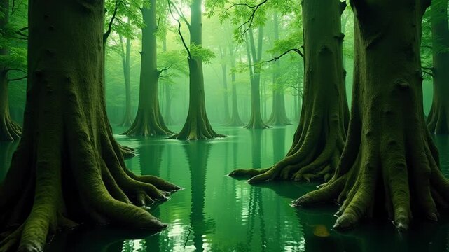 Dreamlike aerial footage of an otherworldly swamp with inverted trees glowing with vibrant green light, perfect for fantasy storytelling and surreal visuals