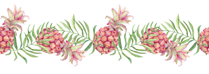 Horizontal Seamless watercolor pattern with pineapples and palm leaves. Mini pineapples and tropical greenery. Illustration for textiles, covers and summer designs. Jungle and Caribbean style.