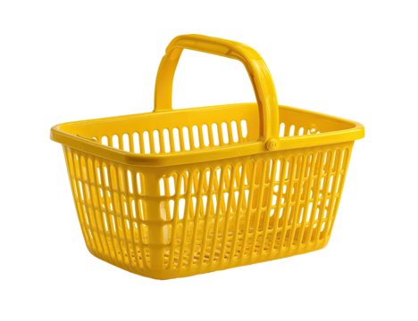 A bright yellow plastic shopping basket, rectangular with a handle, isolated on black